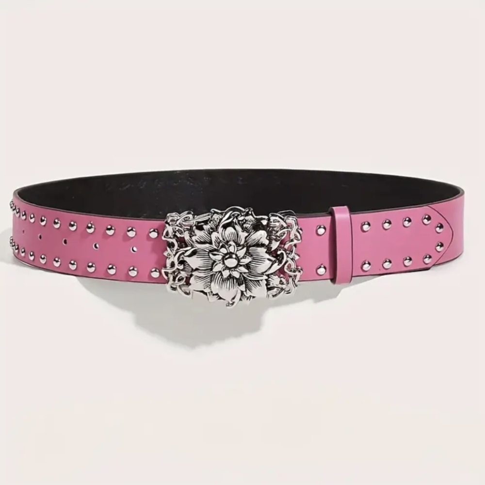 Western Belt Boho Barbie Pink Silvery Belt Buckle Floral Bohemian Style Belts